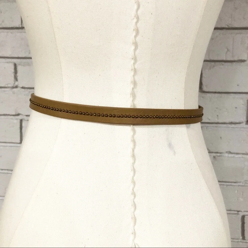 J.Crew Factory Tan Leather Skinny Belt Brass Micro Studded Brown‎ Small 31.5in